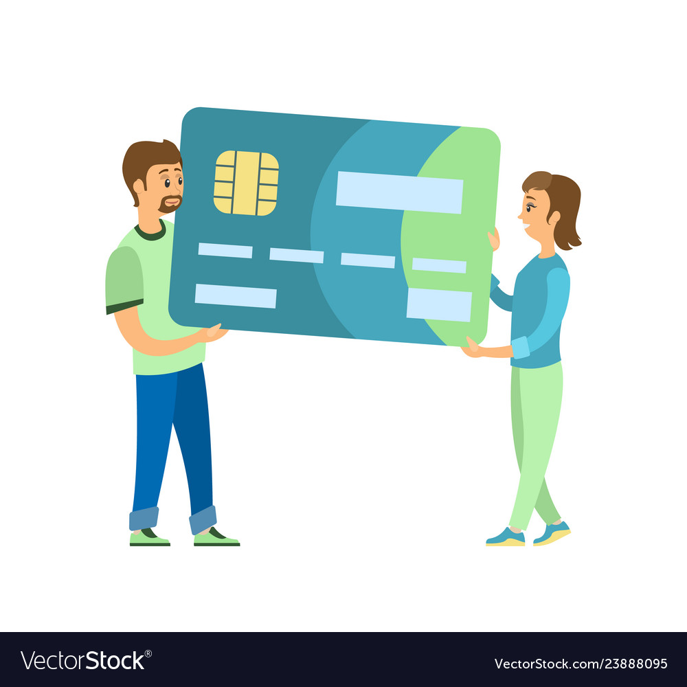 Credit card man and woman carrying plastic object vector image Credit card man and woman carrying plastic object
