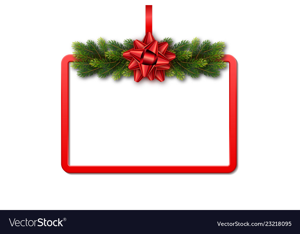 Greeting card with red frame fir garland and bow