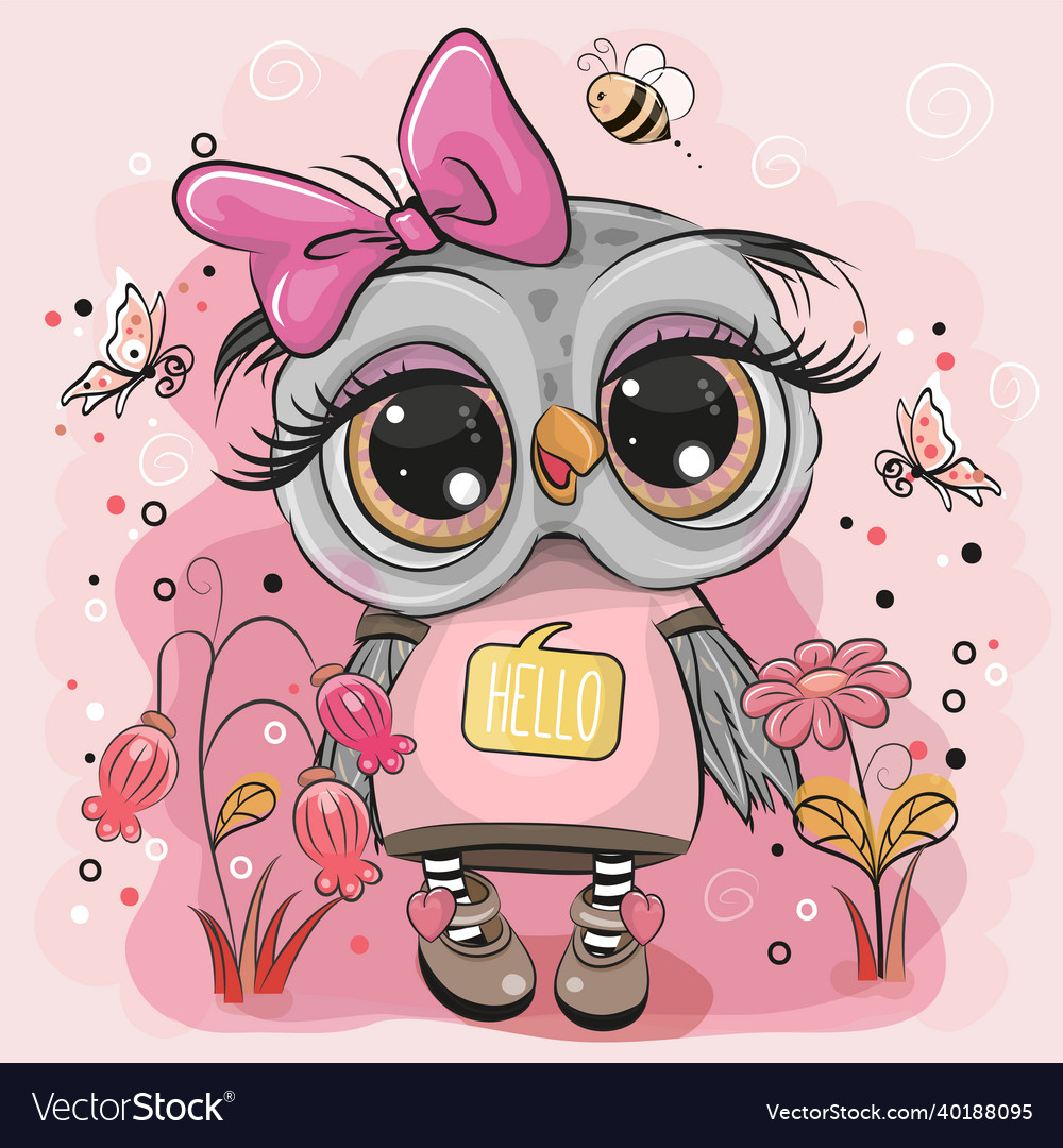 Owl on a meadow with flowers and butterflies Vector Image