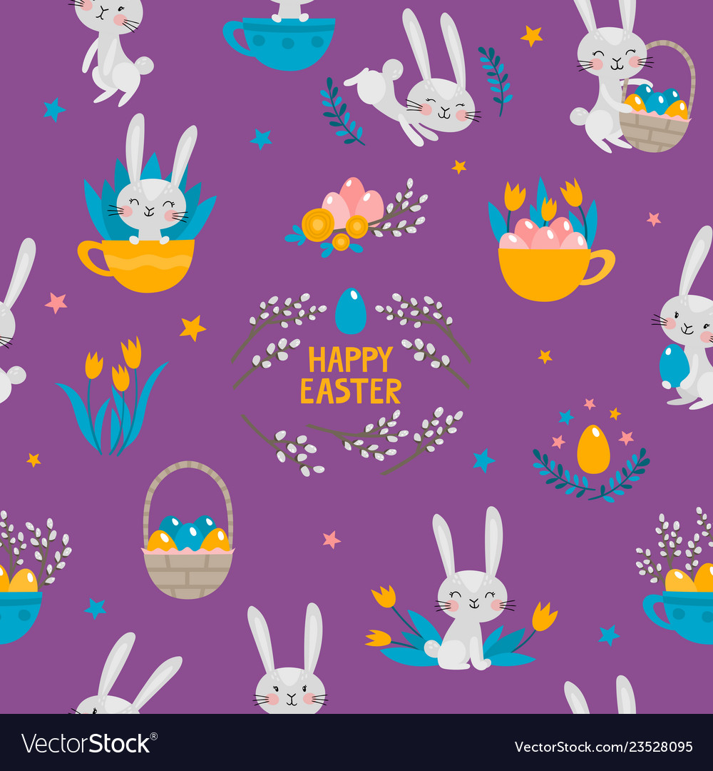 Seamless pattern with rabbits flowers