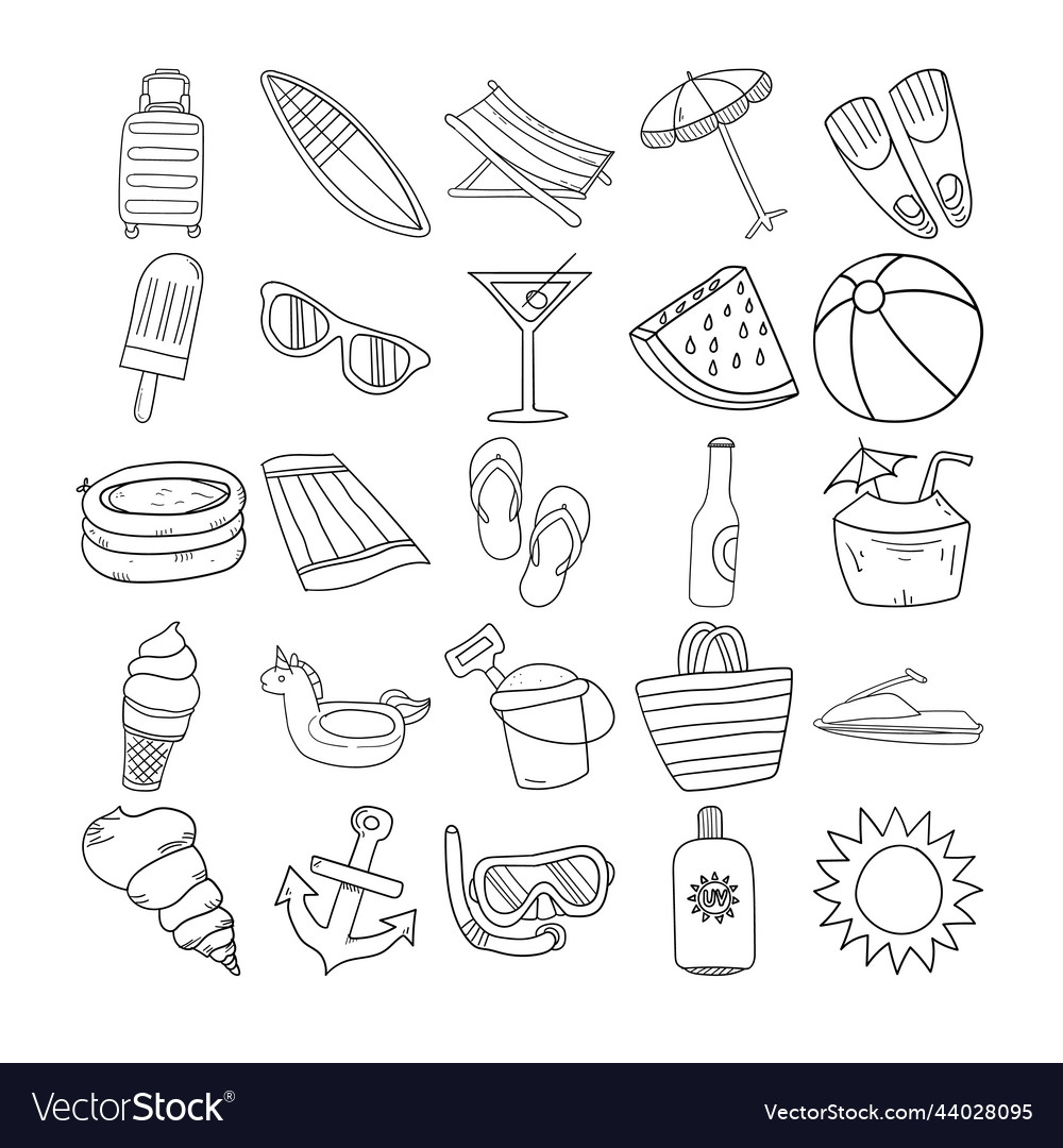 Summer hand drawn doodle line art outline set Vector Image