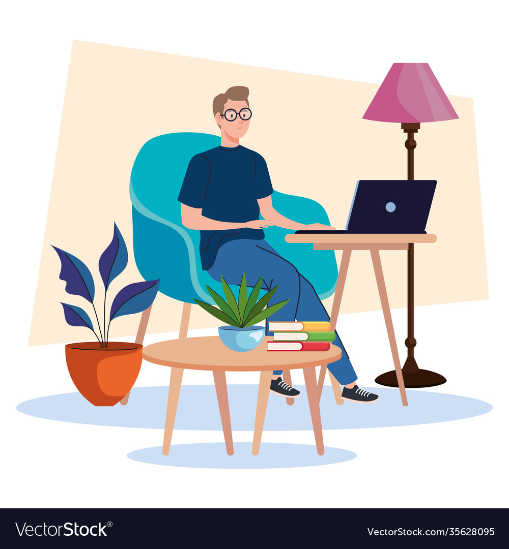 Young male freelancer worker seated in sofa using