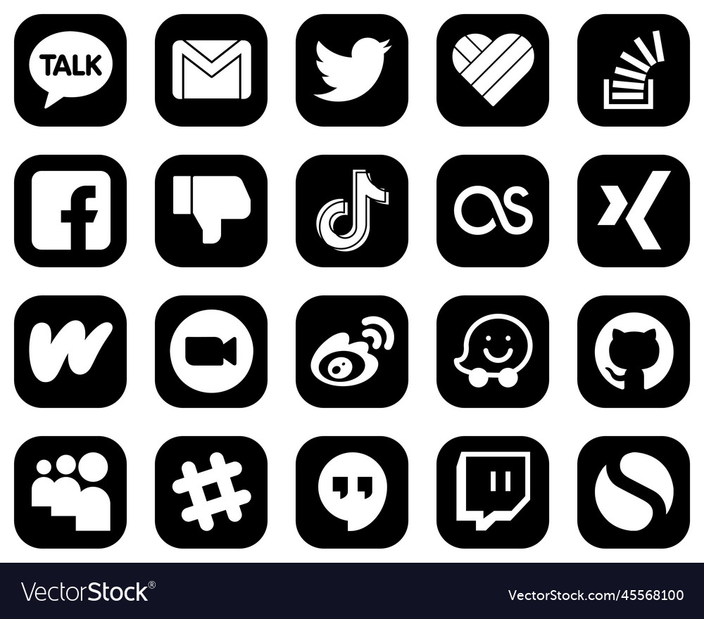 20 attractive white social media icons on black Vector Image