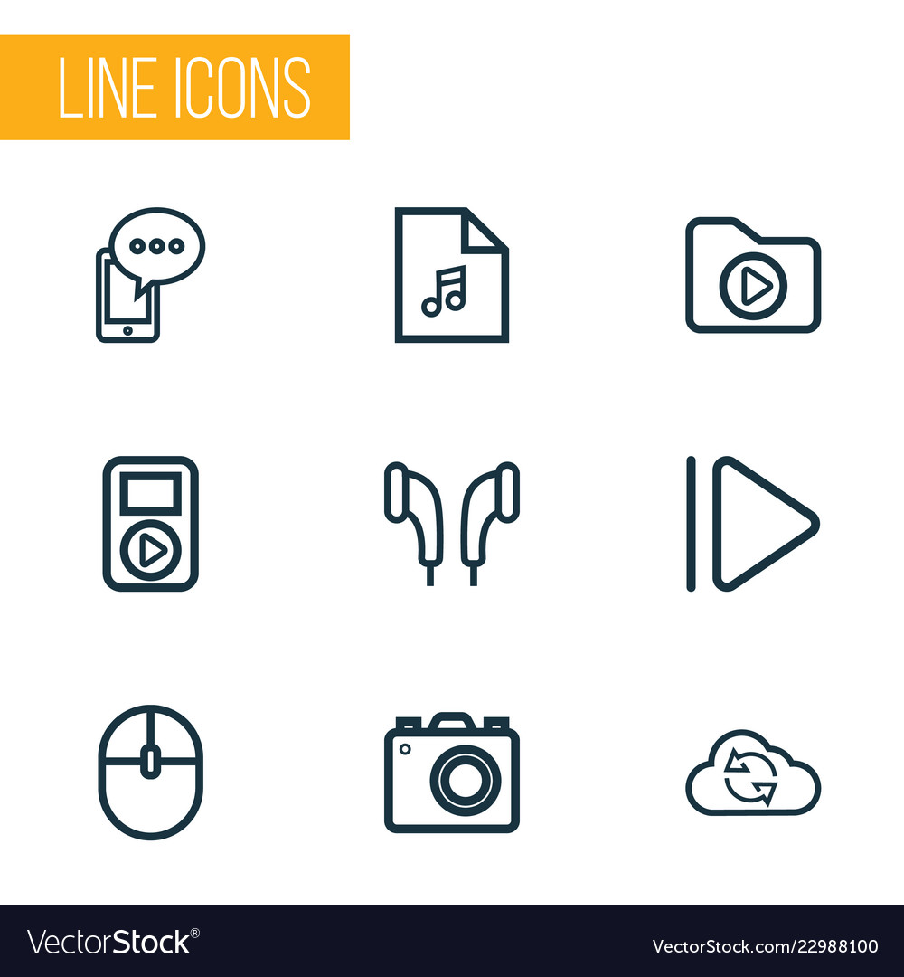 Multimedia icons line style set with cellphone vector image Multimedia icons line style set with cellphone