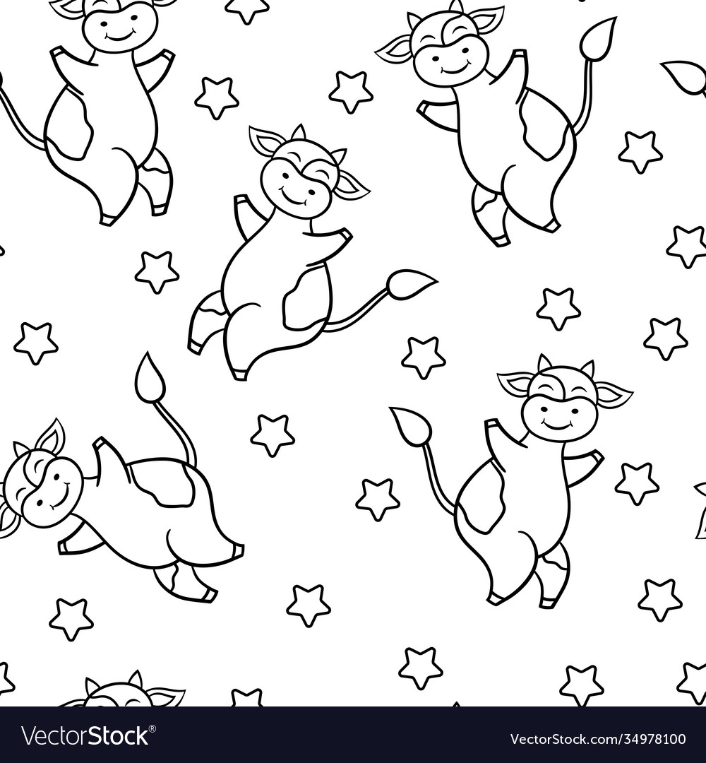 Seamless pattern with a funny cartoon dancing cow