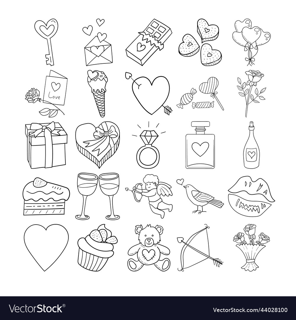 Valentine hand drawn doodle line art outline set Vector Image