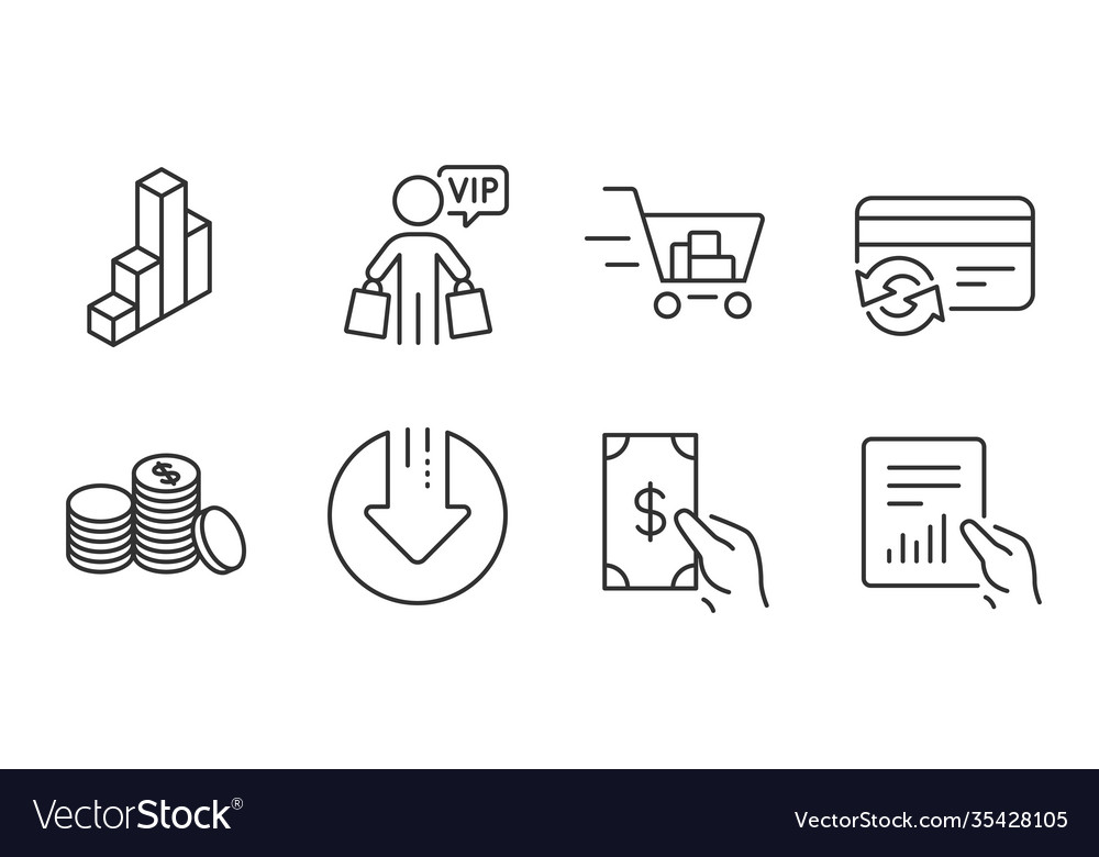 Document 3d chart and shopping cart icons set vector image Document 3d chart and shopping cart icons set