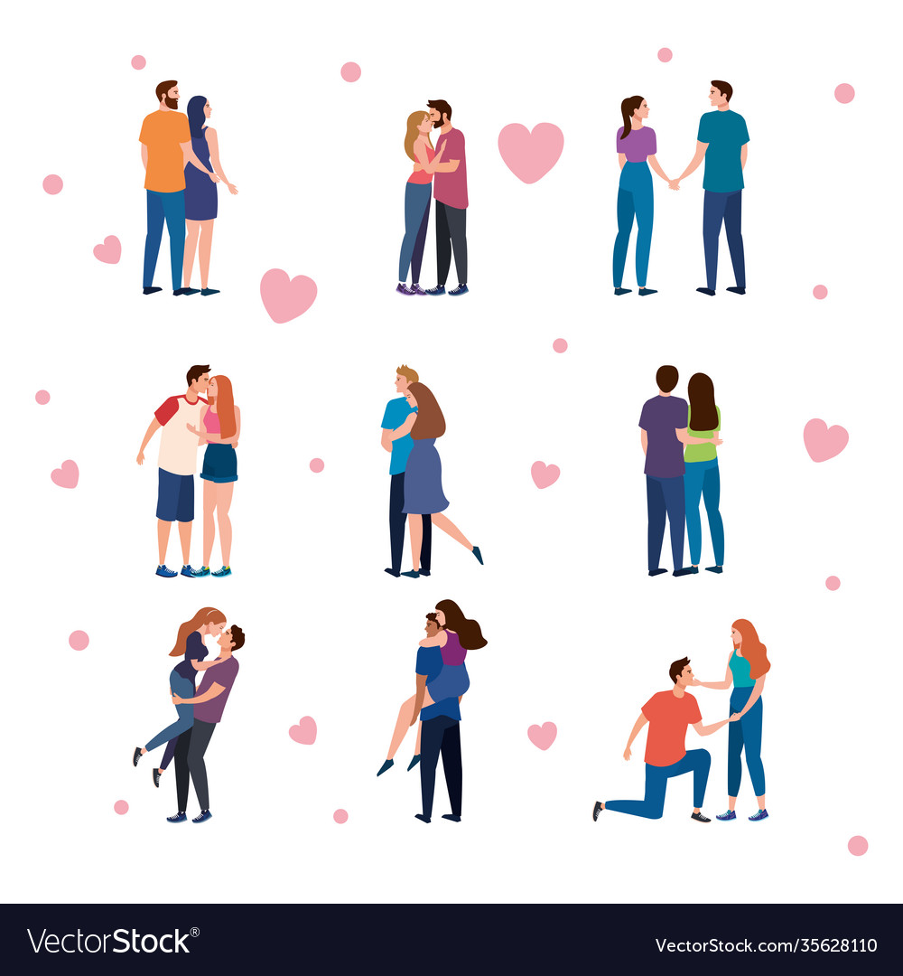 Bundle Nine Couples Lovers Characters Royalty Free Vector