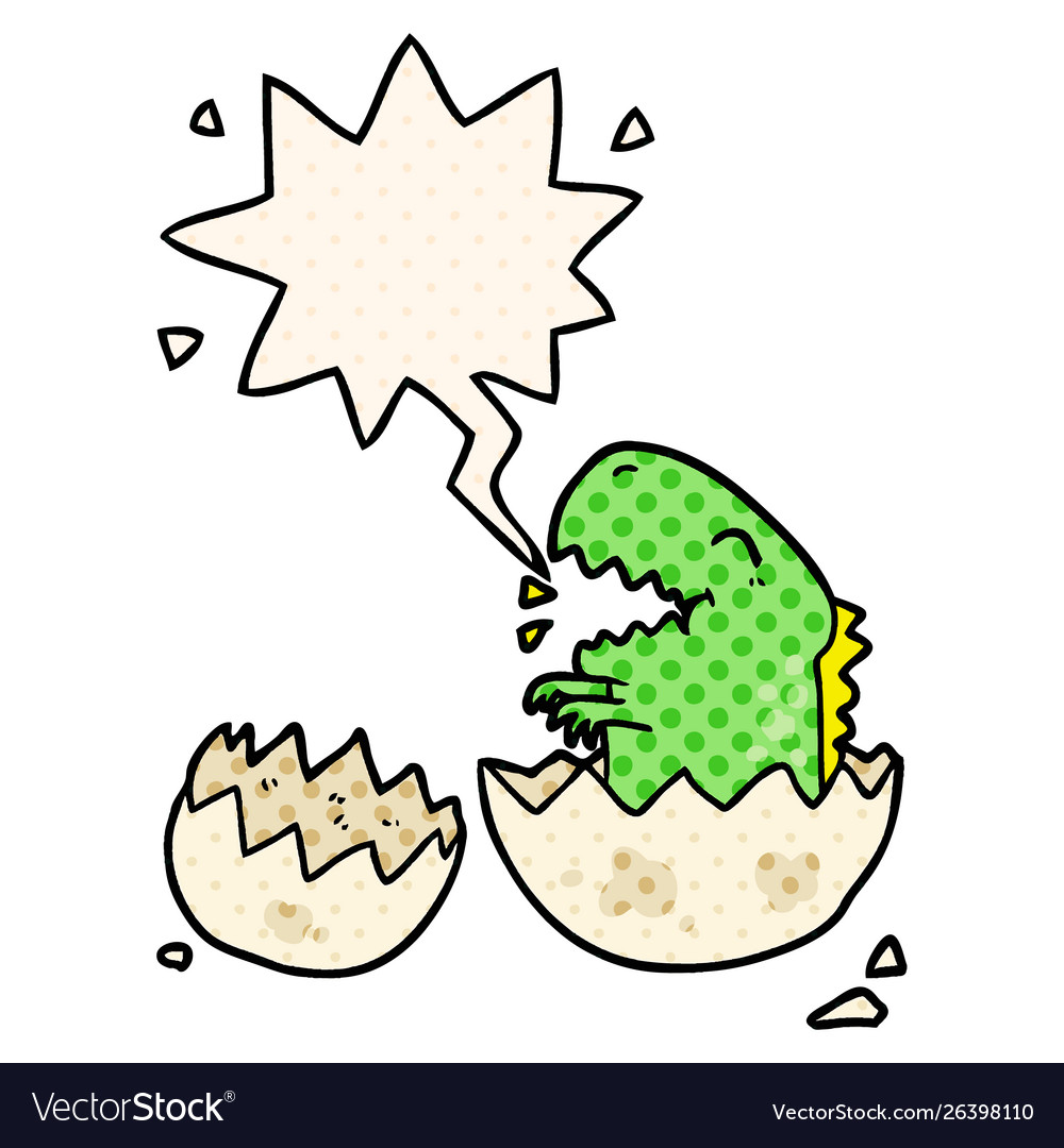 Cartoon dinosaur hatching from egg and speech