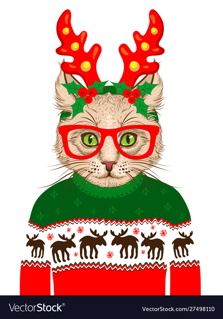 Christmas greeting card with hipster cat on white