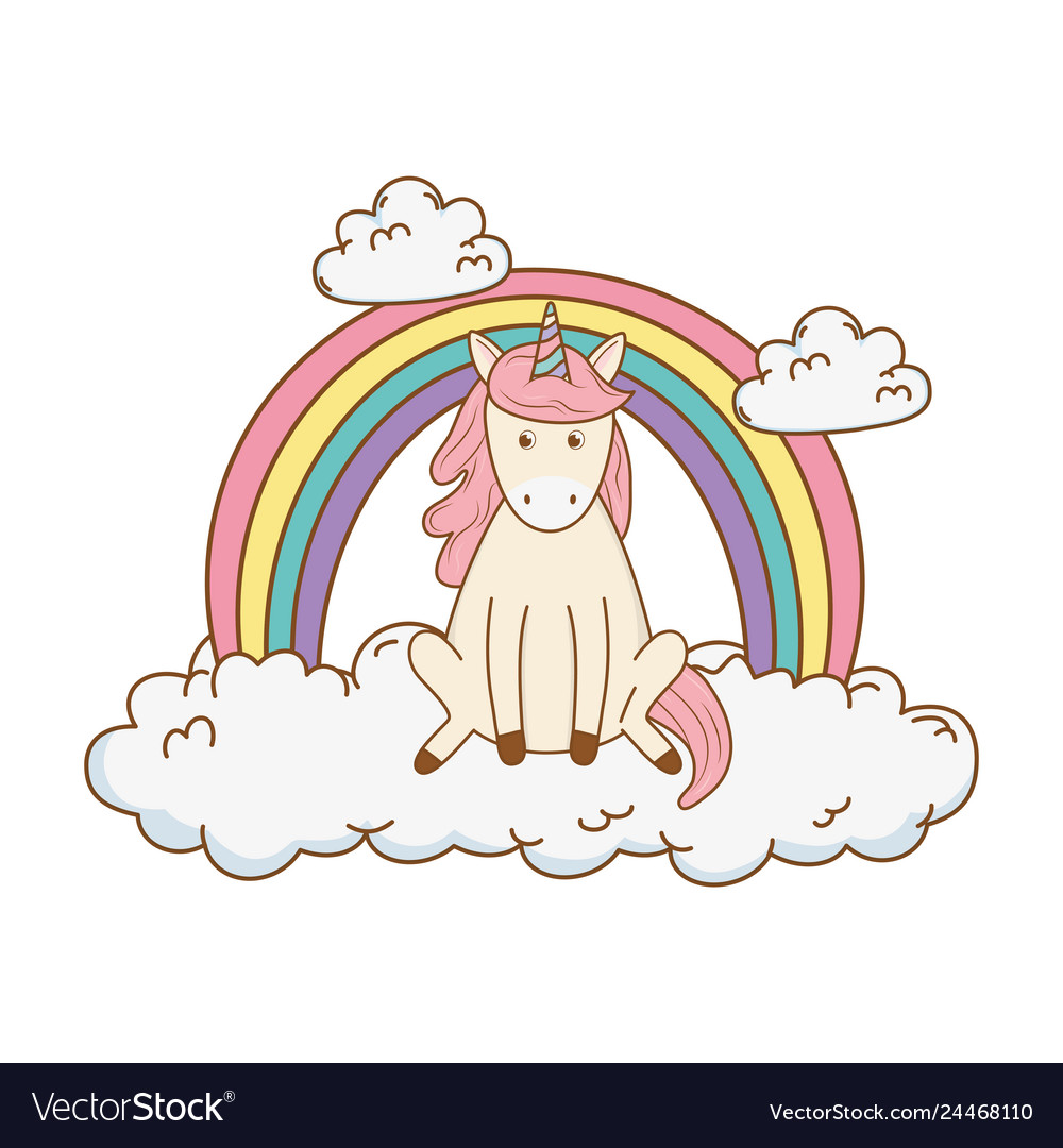 Cute fairytale unicorn in clouds with rainbow Vector Image