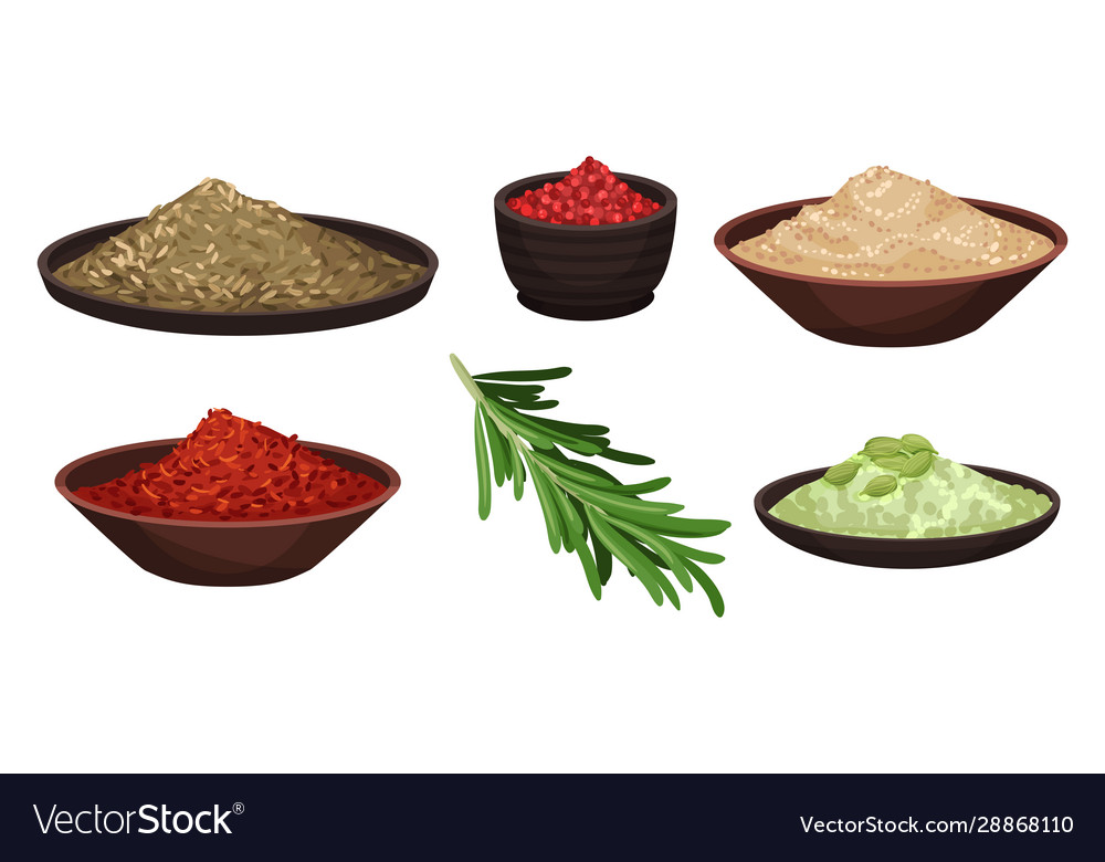 Heaps different spices and condiments poured