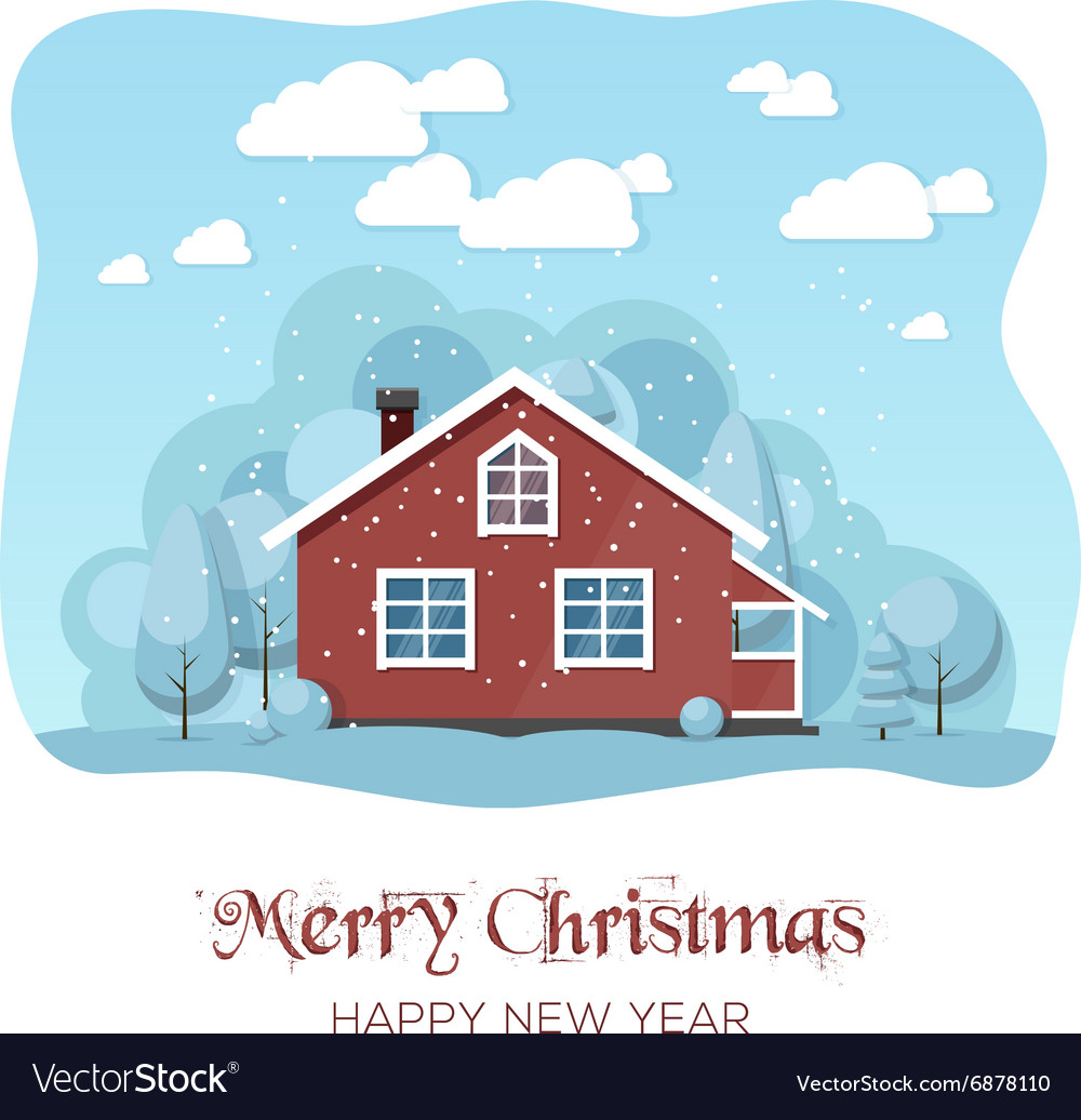 House in winter forest christmas card background