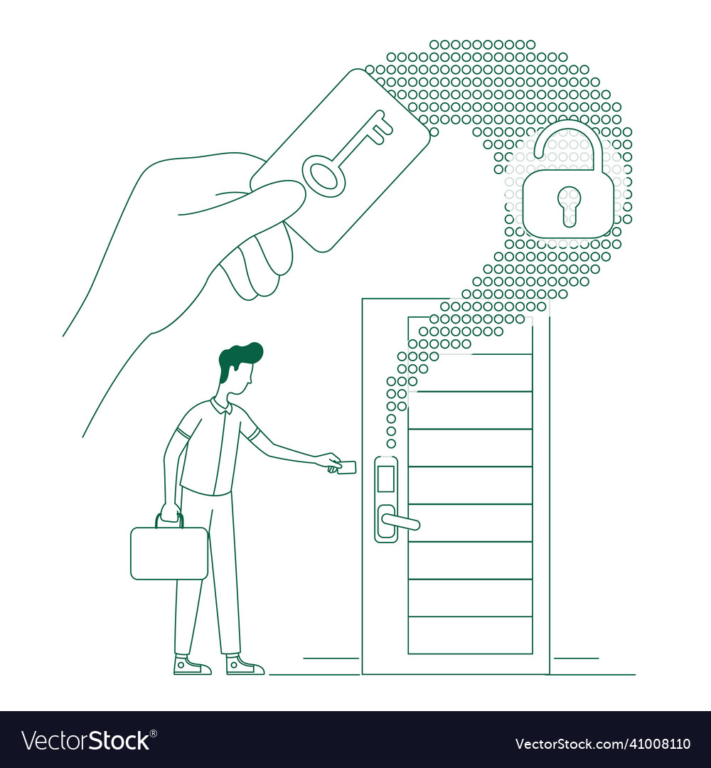 Keycard scan system thin line concept man vector image Keycard scan system thin line concept man