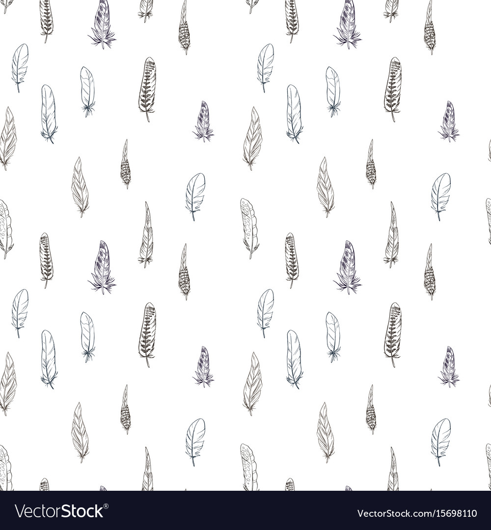 Seamless pattern with contour detailed feathers