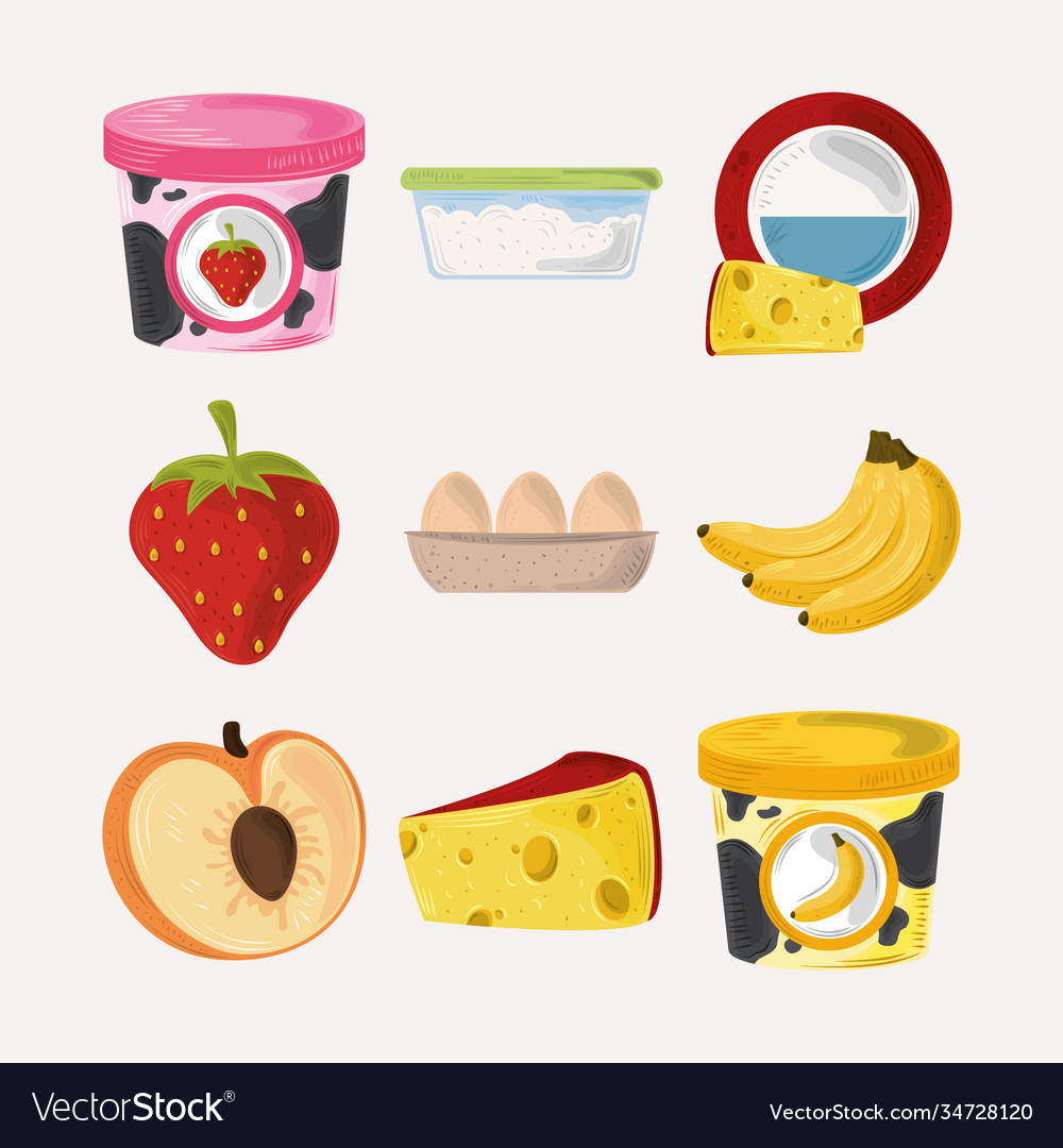 Food icons set yogurt fruits eggs and cheese