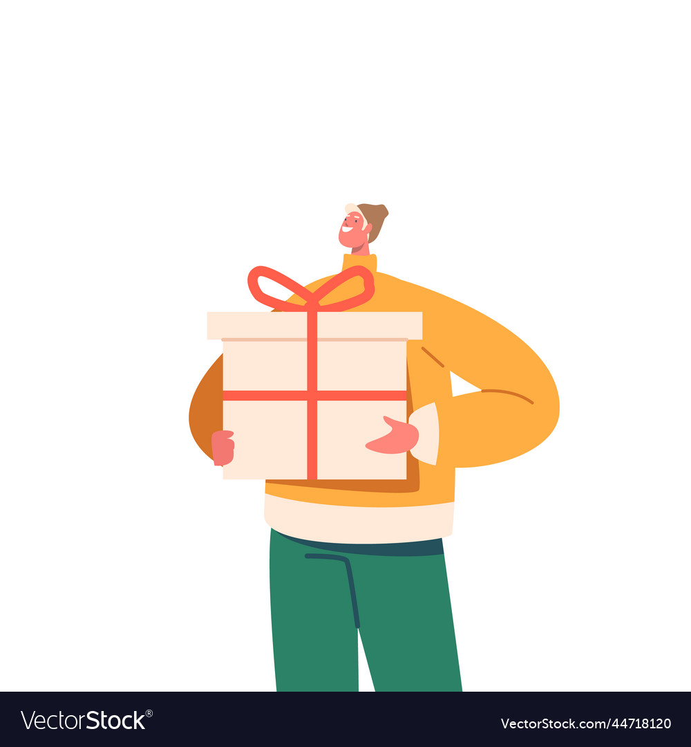 Happy young man in warm clothes holding big gift Vector Image