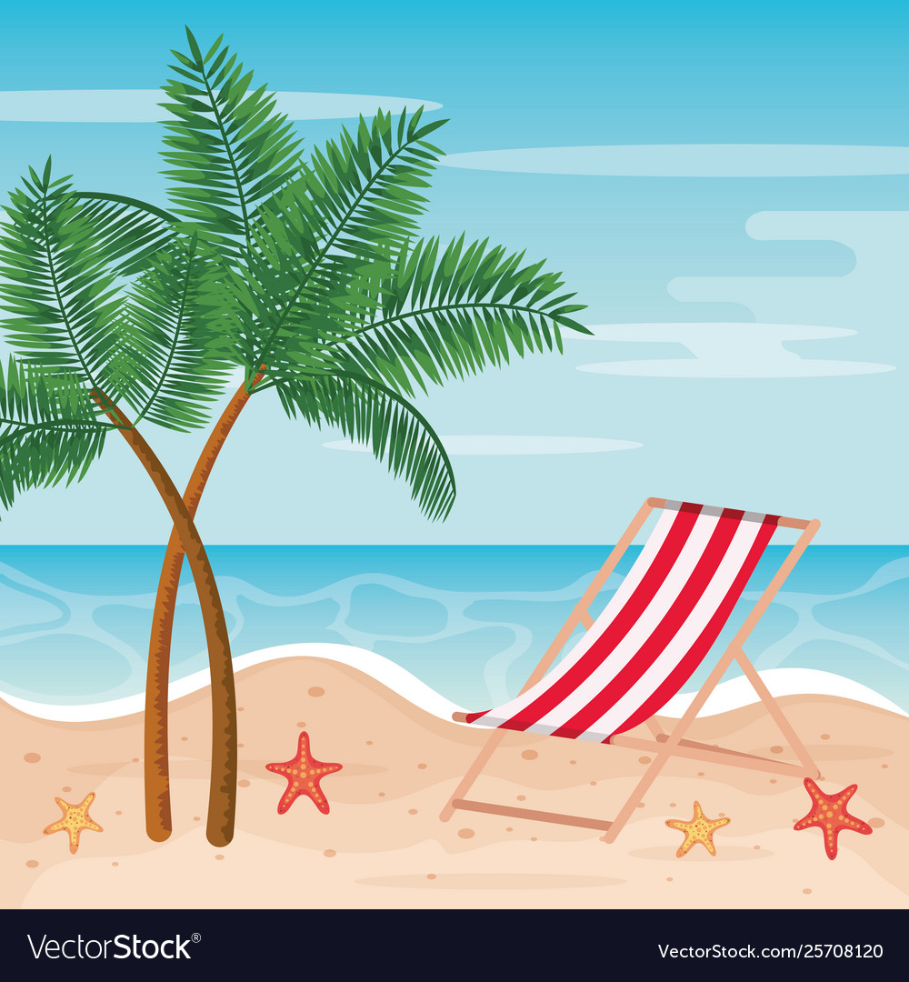 Palms trees with tanning chair and starfishes Vector Image