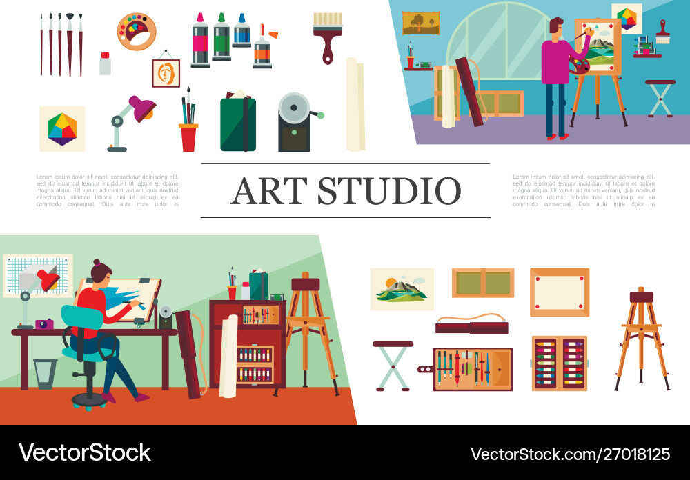 Flat art studio elements composition Royalty Free Vector