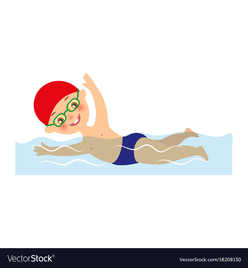 Little boy in cap and goggles swimming in pool Vector Image