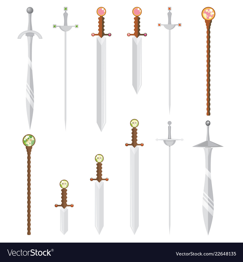 Set cartoon style swords and magic wands