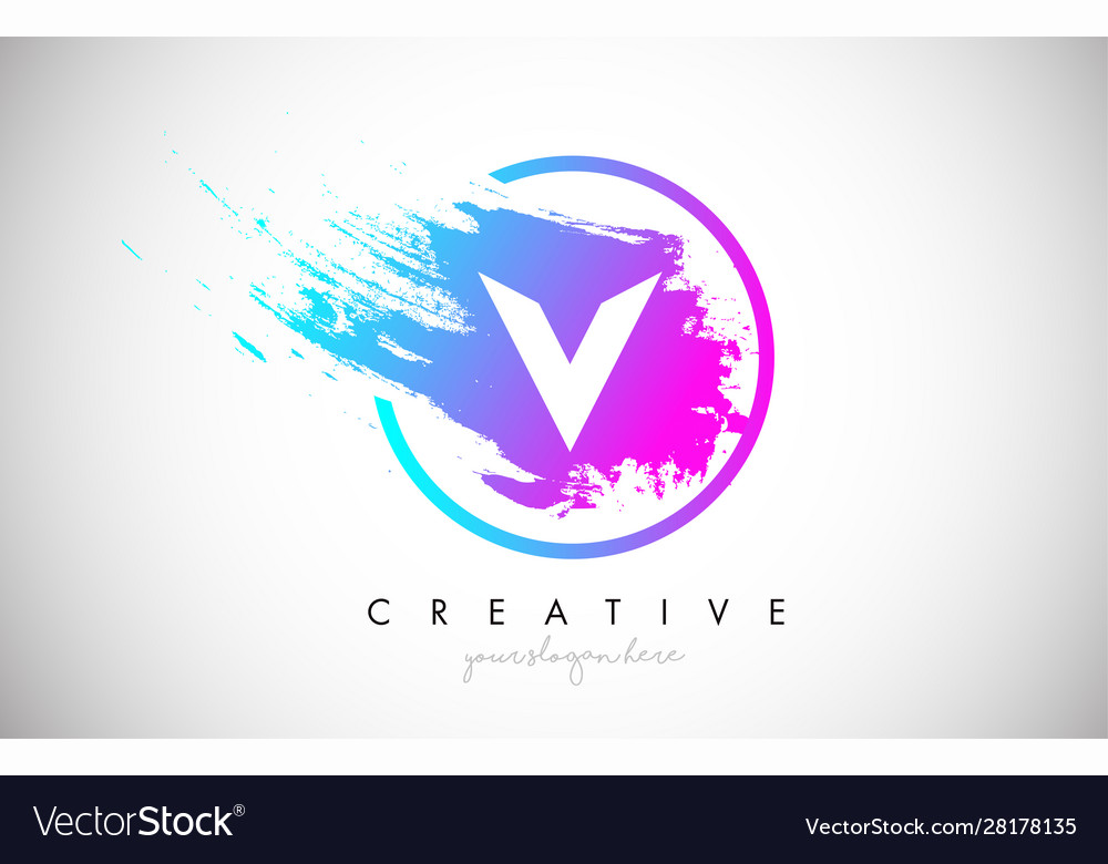 V Artistic Brush Letter Logo Design In Purple Vector Image