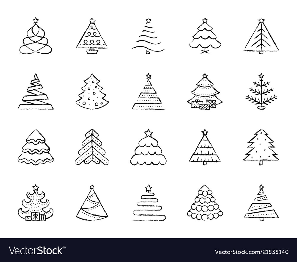 Christmas Tree Charcoal Draw Line Icons Set