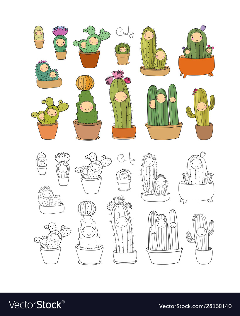 Cute cartoon cactus and succulents in pots