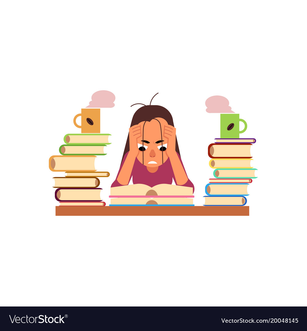 Flat stressed exhausted girl sitting books