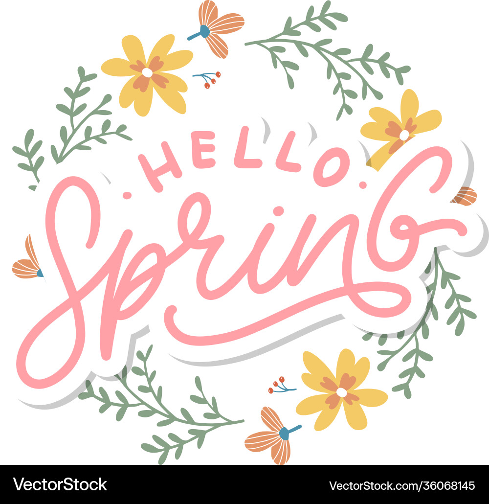 Hello spring flowers text background frame Vector Image