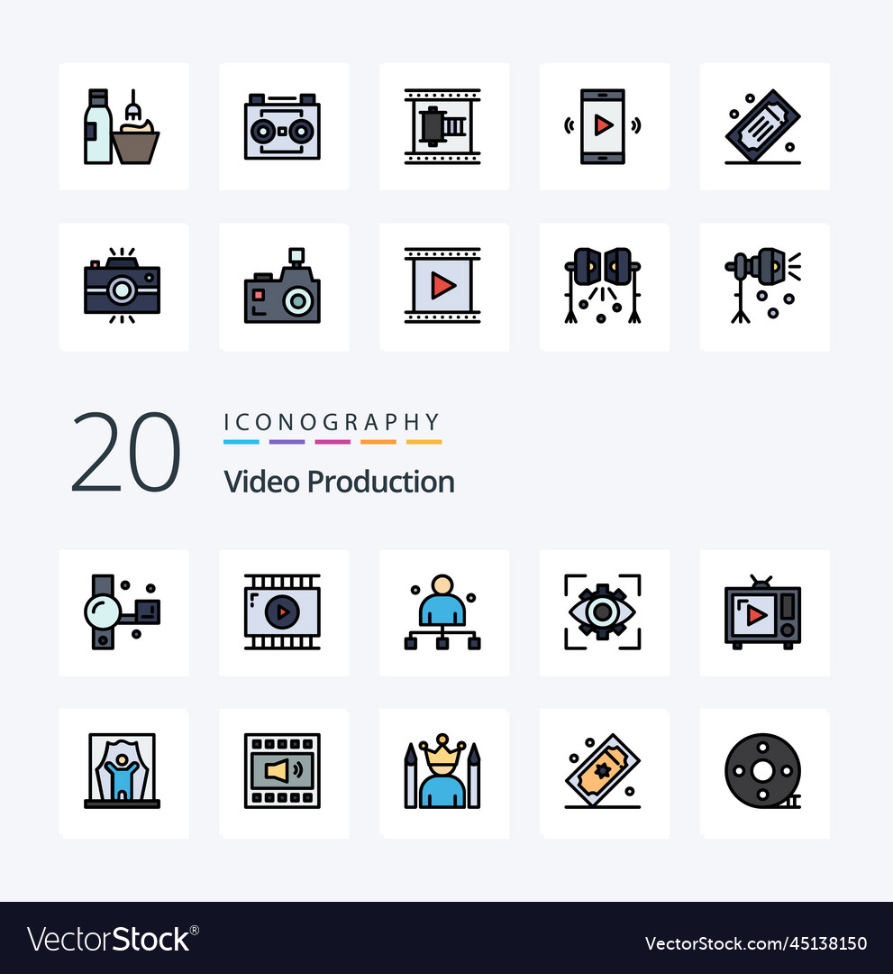 20 Videoproduktion Linie gefüllte Farbe Icon Pack