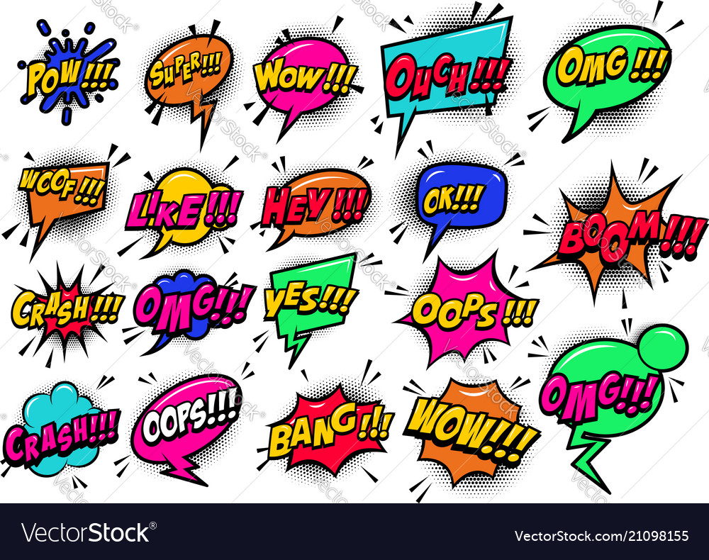 Comic speech bubbles burst the boom wow hey ok Vector Image