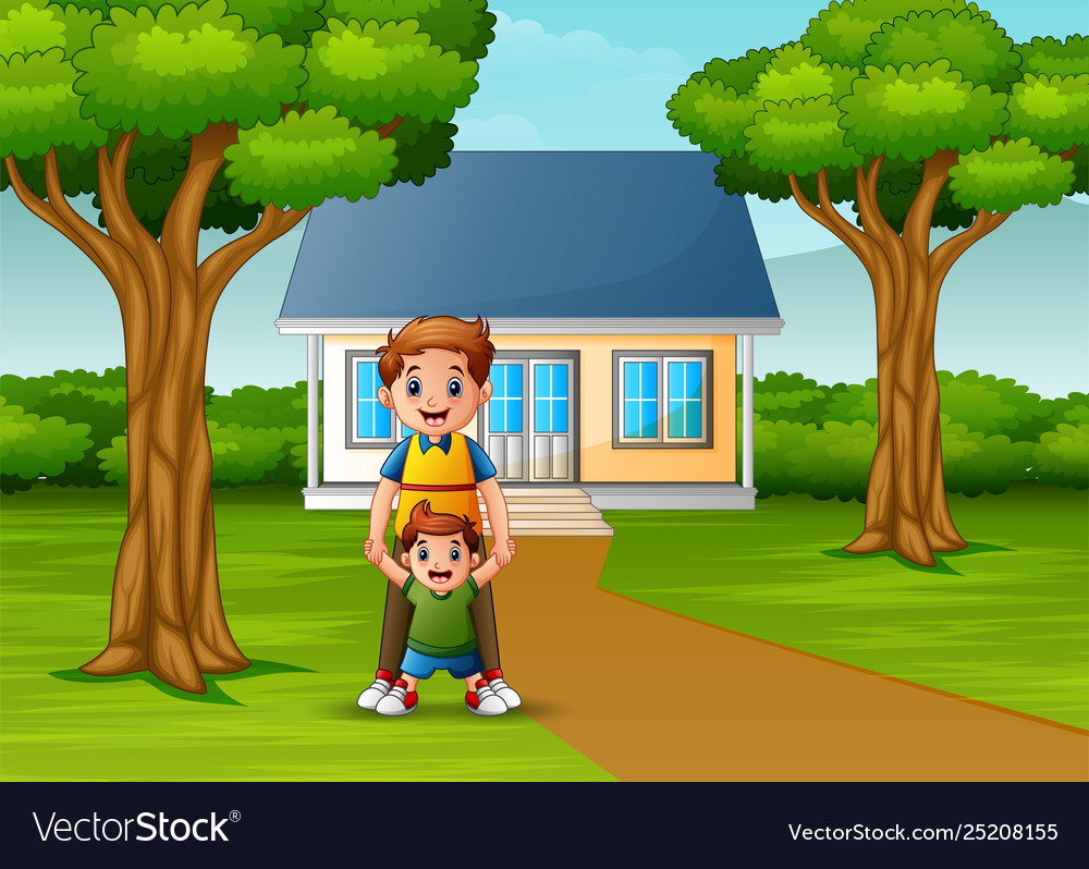 Happy father with her son in front house ya Vector Image