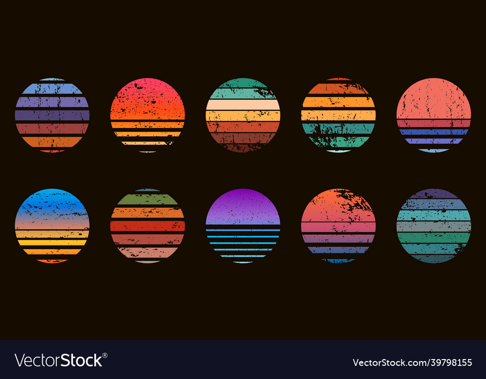 Retro 90s abstract ocean sunset circle badges vector image Retro 90s abstract ocean sunset circle badges