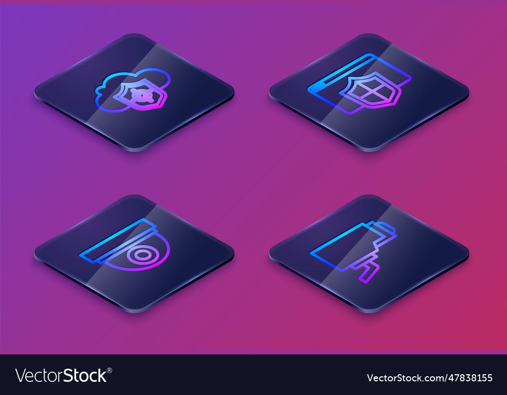 Set isometric line cloud and shield security vector image Set isometric line cloud and shield security