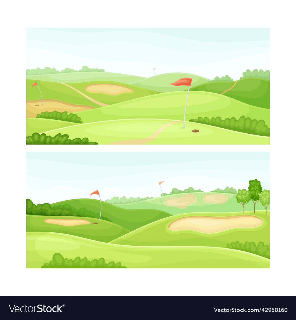 Golf course with green field sand bunker and red Vector Image