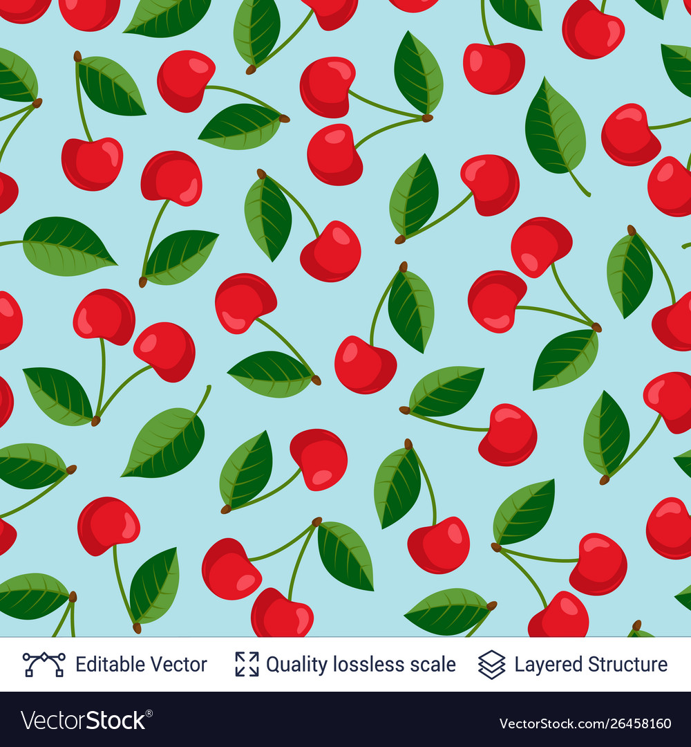 Seamless pattern with cherries and green leaves