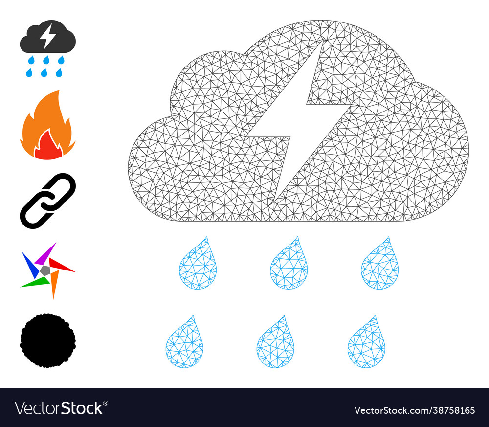 Polygonal net thunderstorm icon with simple glyphs