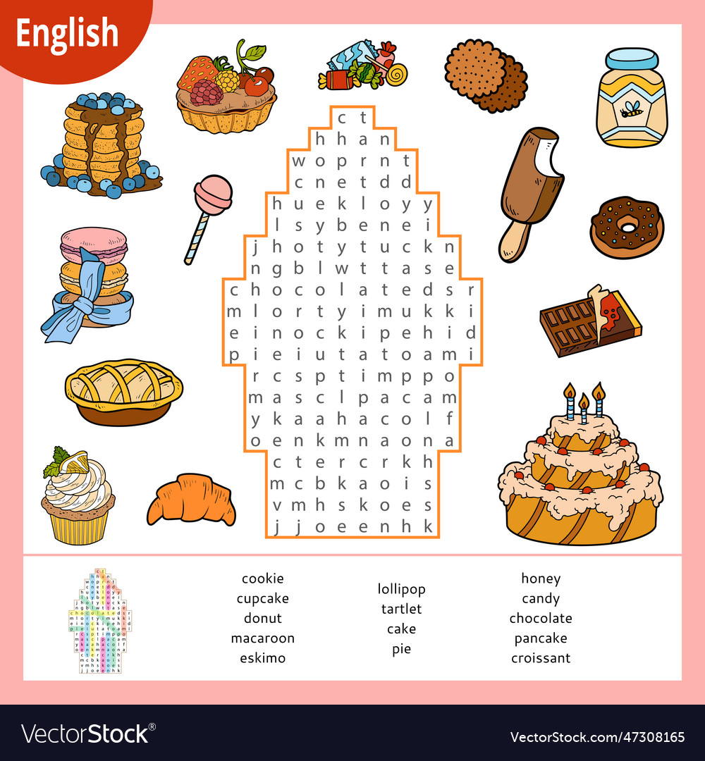 Word search puzzle cartoon set of sweets vector image Word search puzzle cartoon set of sweets