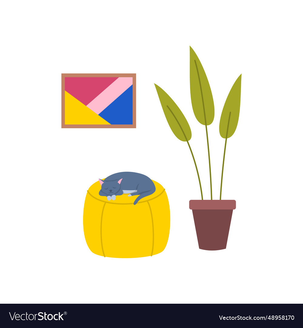 Cartoon color houseplant potted poof with a cat Vector Image