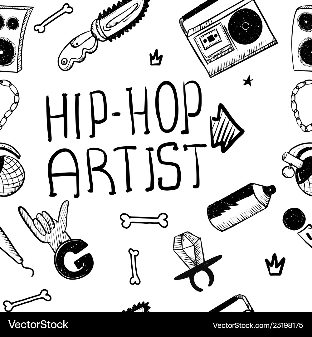 Hip hop artist doodle pattern with rap Royalty Free Vector