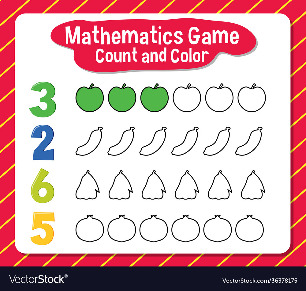 Mathematics game count and color worksheet vector image Mathematics game count and color worksheet