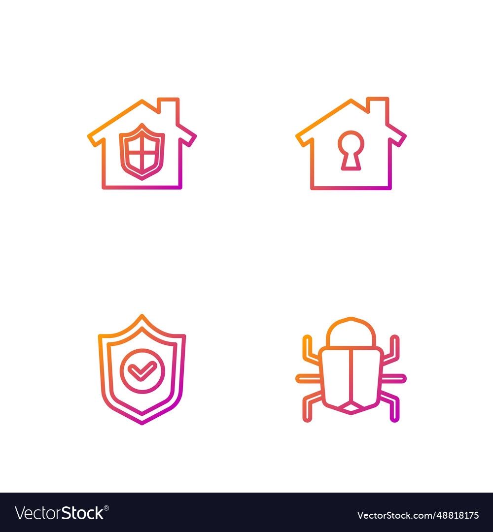 Set line system bug shield with check mark house vector image Set line system bug shield with check mark house