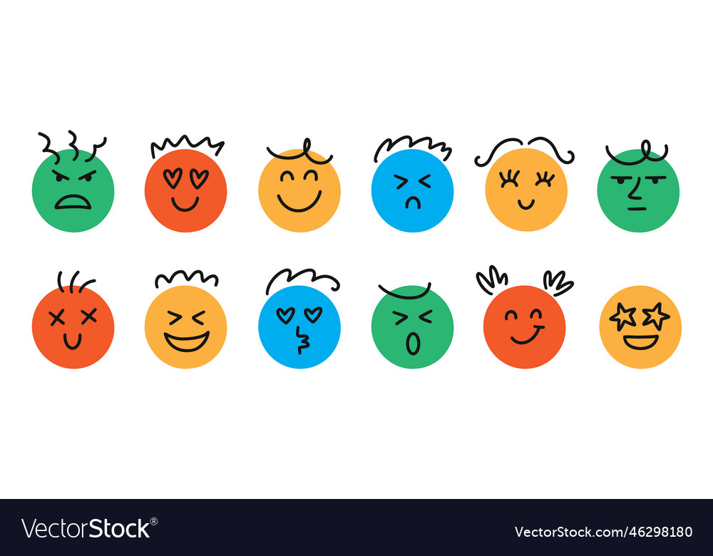 Fun emoji icon set emoticon doodle faces Vector Image