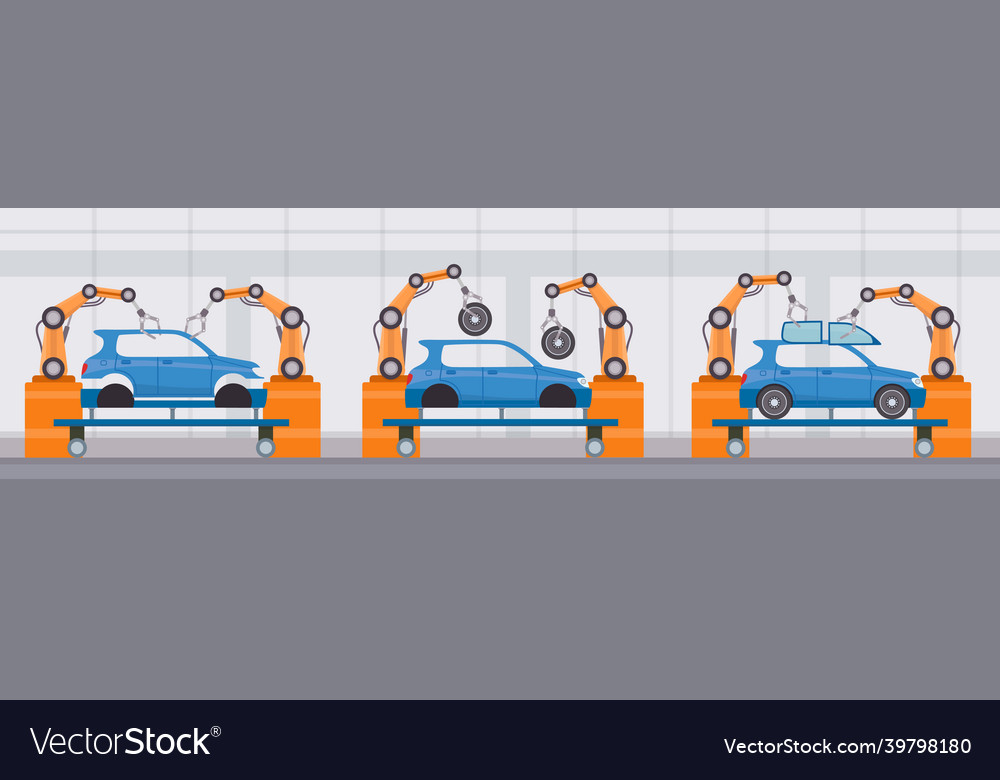 Industry robot arm assemble cars on conveyor belt vector image Industry robot arm assemble cars on conveyor belt
