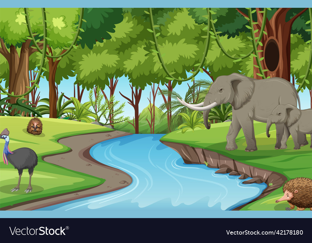 River forest scene with elephants in cartoon style