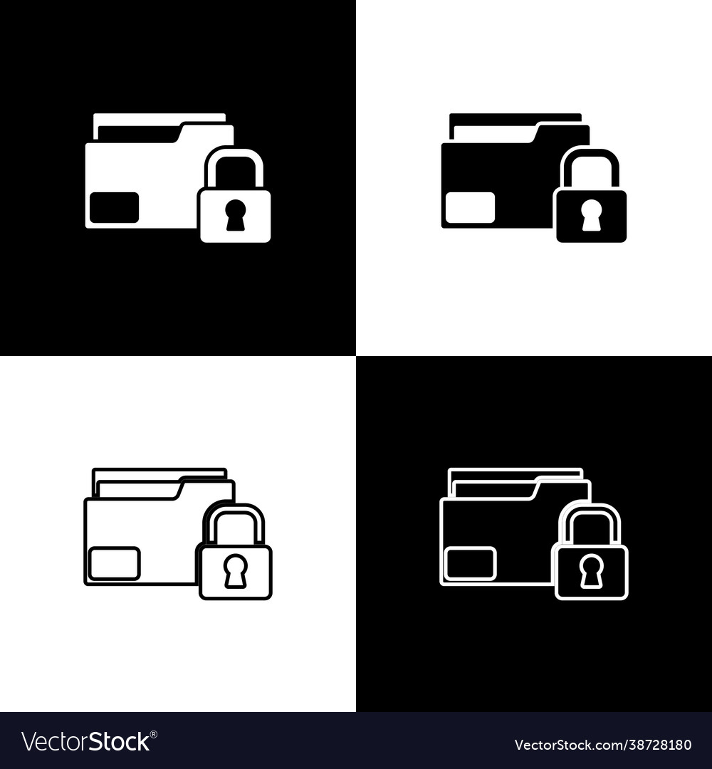 Set folder and lock icon isolated on black vector image Set folder and lock icon isolated on black