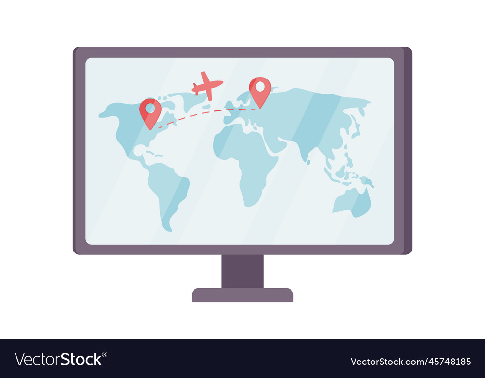 Computer monitor with flight tracker map semi vector image Computer monitor with flight tracker map semi