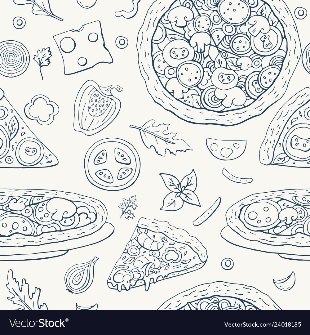 Seamless pattern with pizza and vegetables