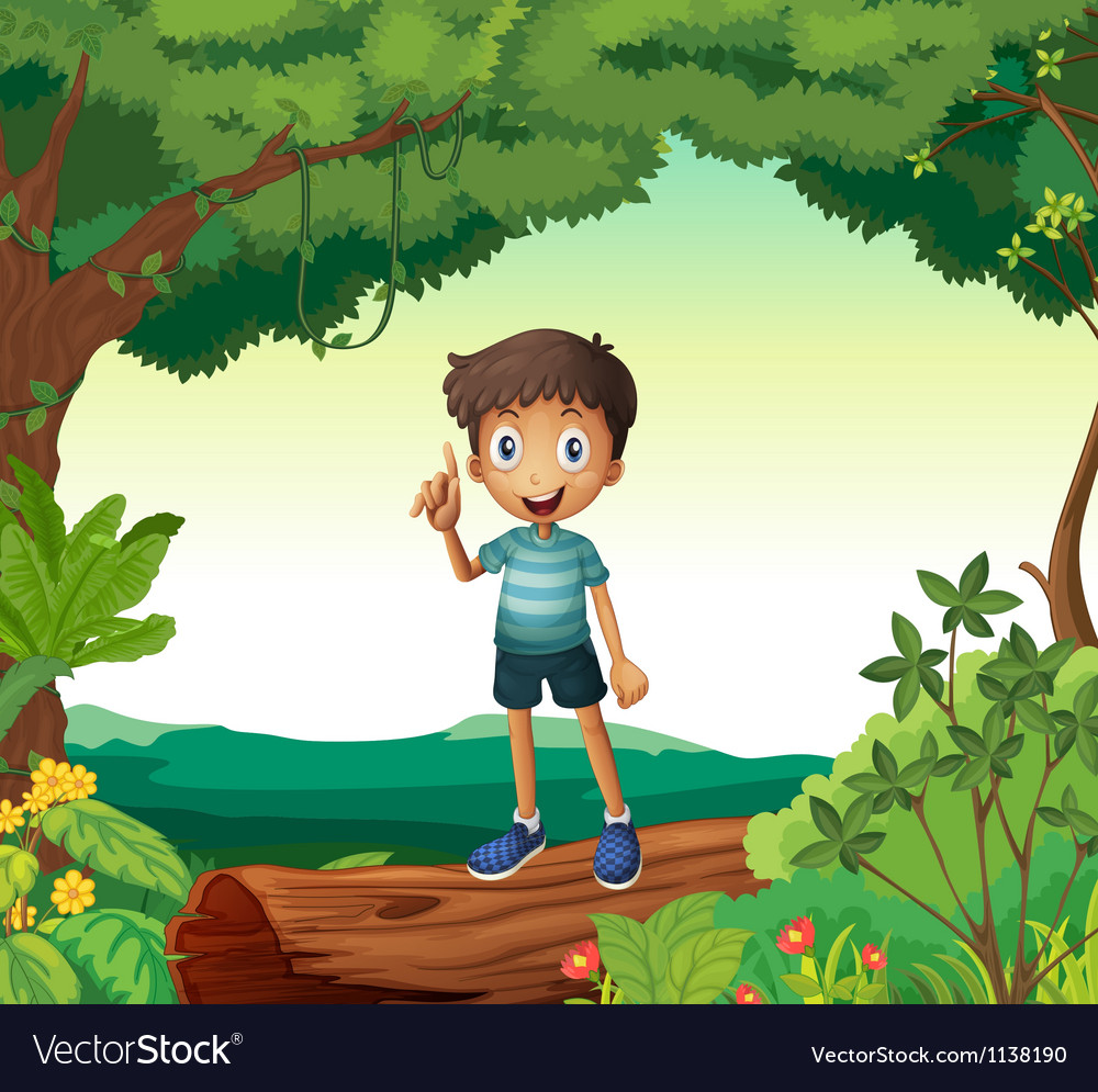 A boy standing on wood in nature Royalty Free Vector Image